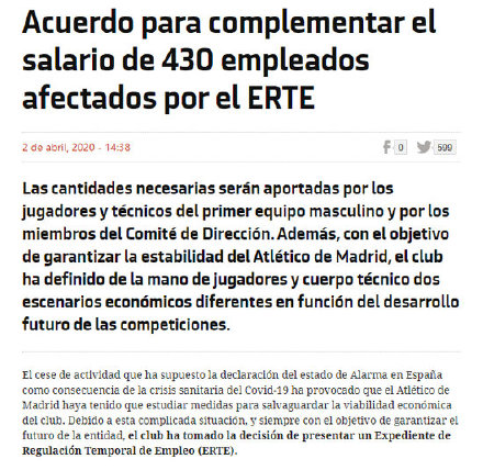 马德里竞技官宣一线队及高层降薪70%，用于保障430名普通员工